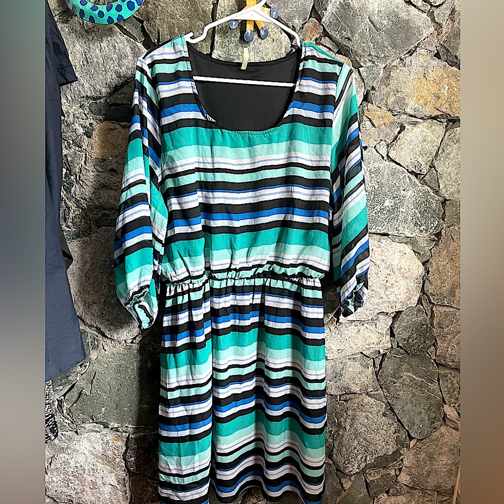 Espresso Dress Women's 3X Teal Green Black Striped Blouson 3/4 Sleeve